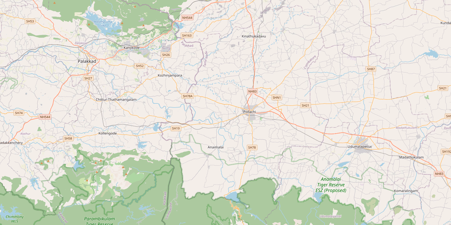Map showing Pollachi, Tamil Nadu